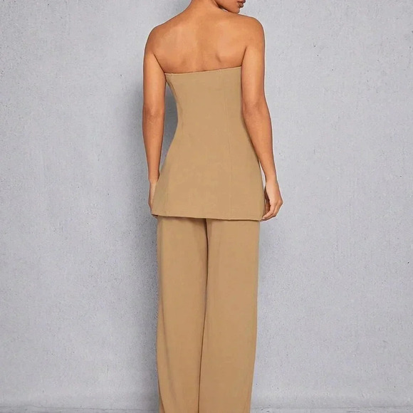 Camel Elegant Women's Button Split Tube Top & Pants Set - Picture 2 of 4